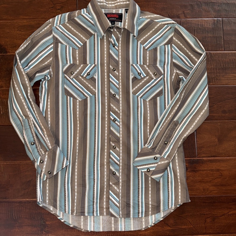 Rock & Roll Denim Striped Western Pearl Snap Button Shirt Size Medium Boot Barn